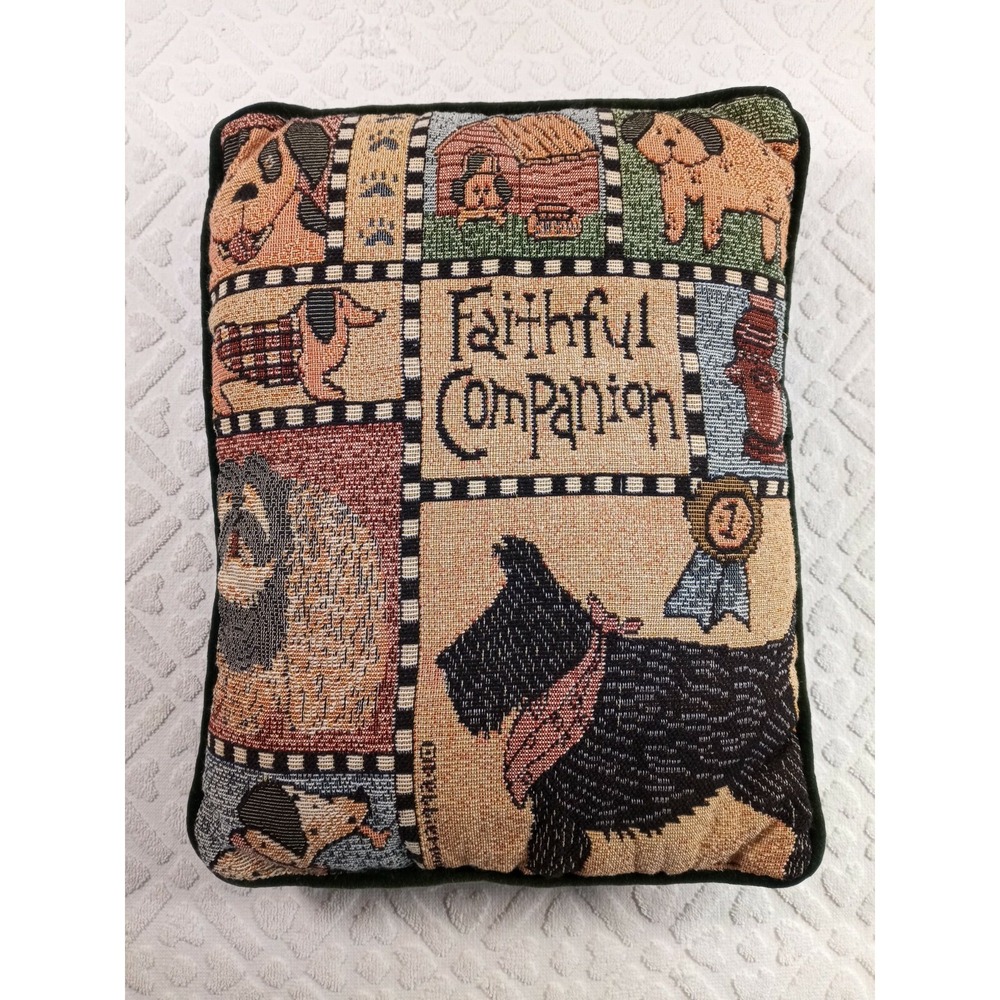 VTG Needlepoint Throw Pillow Faithful Companion 13"x10" Dogs Green Velvet Back